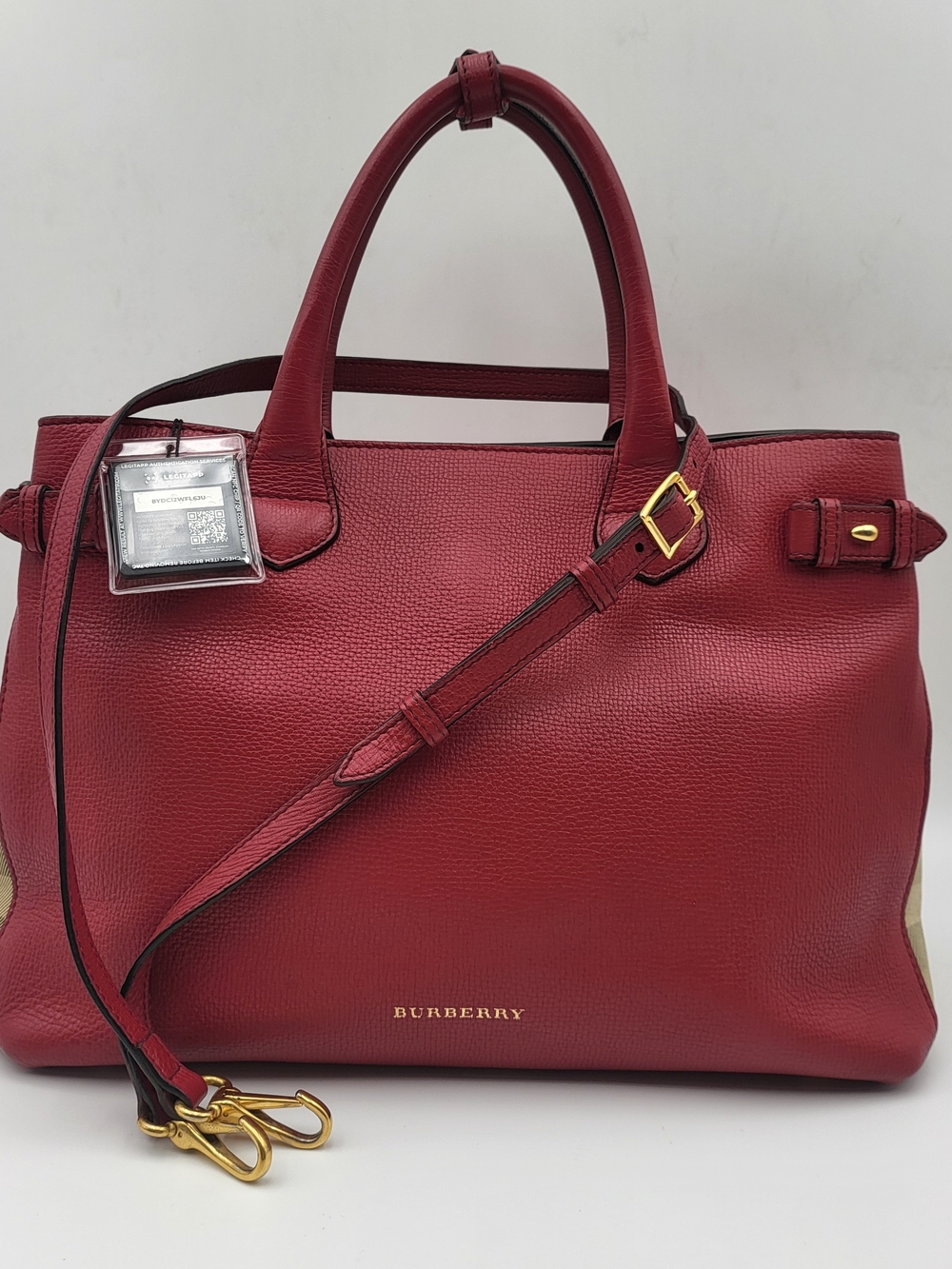 BURBERRY Grainy Calfskin House Check Medium Banner Tote Red, Auth w/COA.